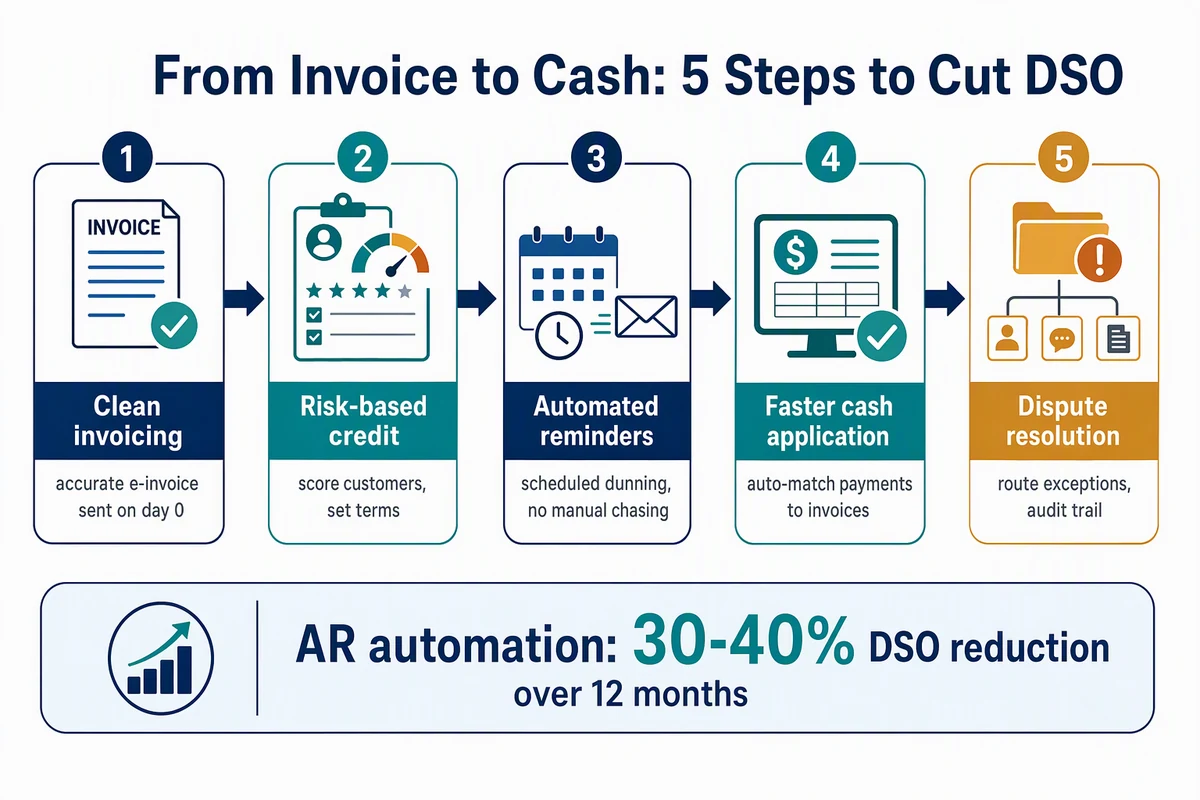 Five steps from invoice to cash: clean invoicing, risk-based credit, automated reminders, faster cash application, dispute resolution