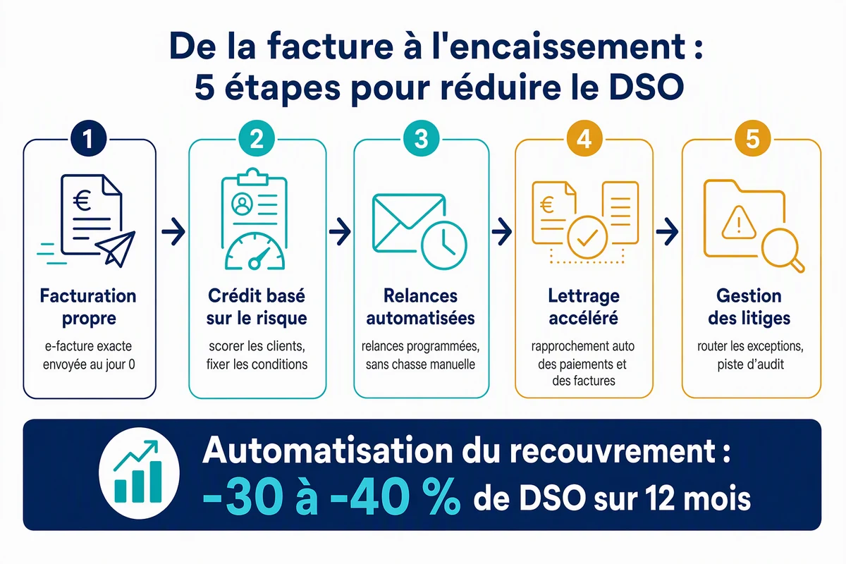 Cinq étapes de la facture à l'encaissement : facturation propre, crédit basé sur le risque, relances automatisées, lettrage accéléré, gestion des litiges
